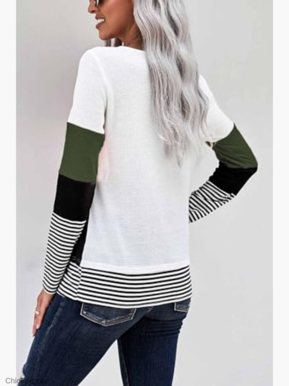 Women's Long Sleeve Tunic Top, Waffle Knit, Loose Fit, Crew Neck - Picture 3 of 7